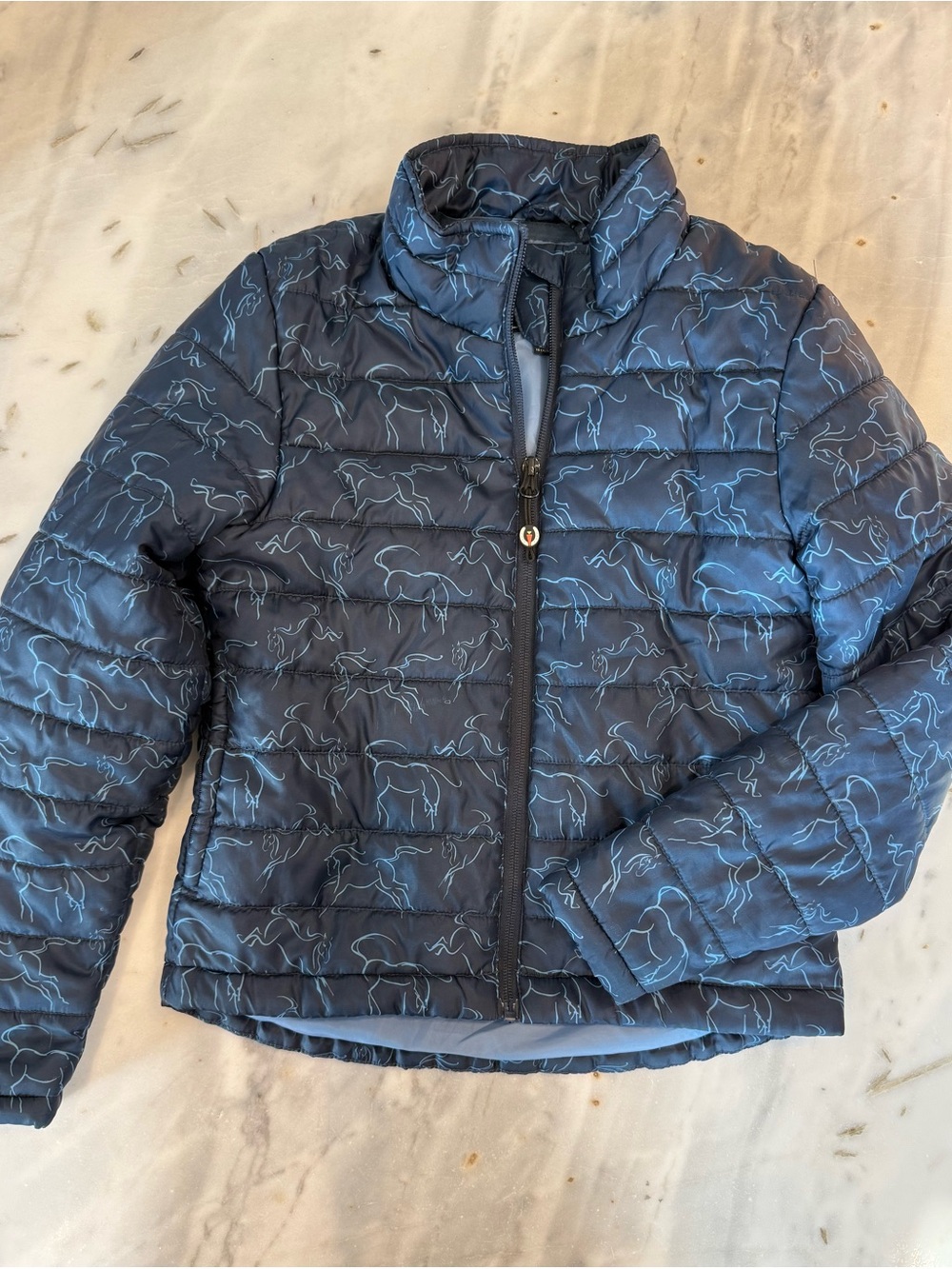 Kerrits Navy Blue Quilted Kids Jacket with Light Blue Horse Outline